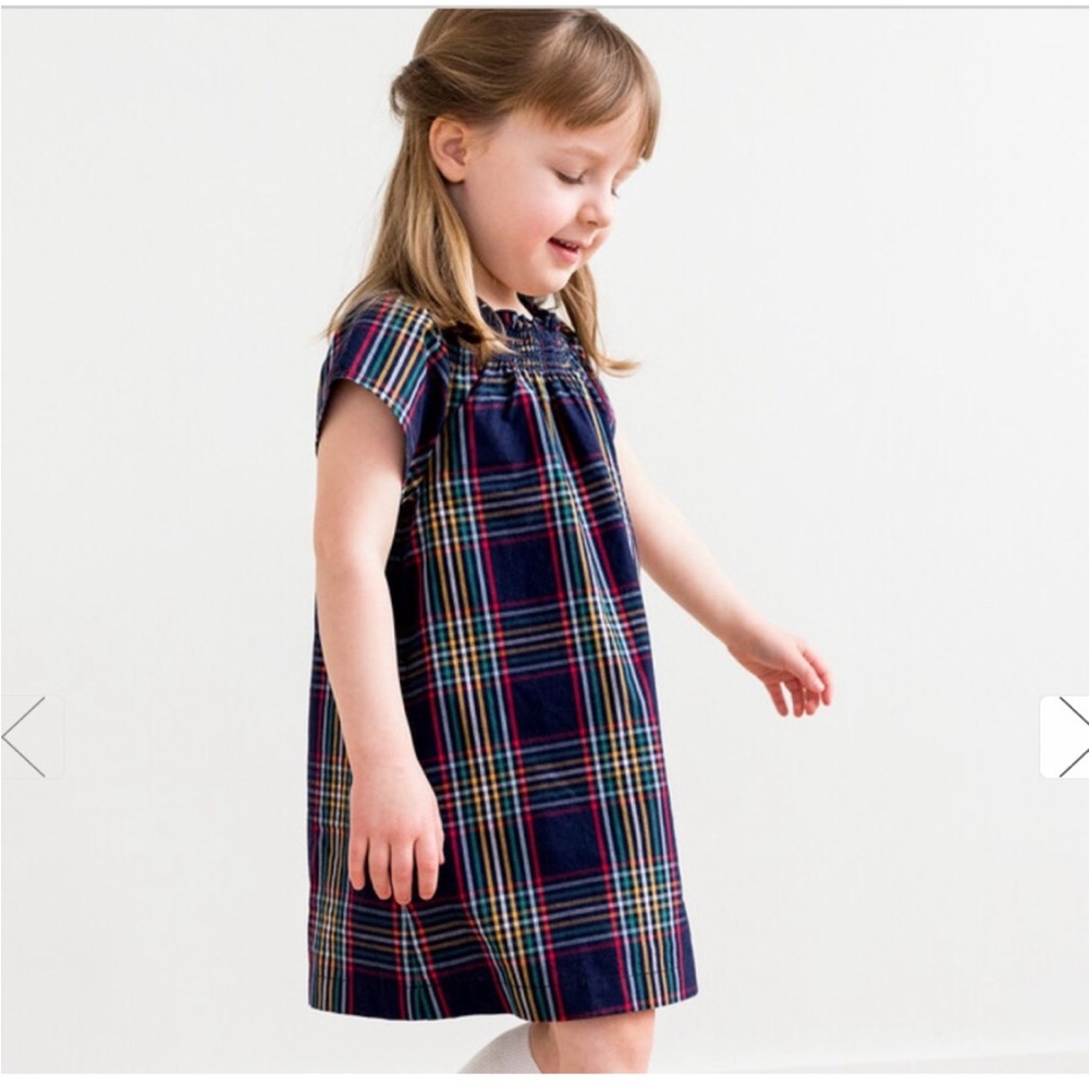 Hanna Andersson, Girls' Plaid Dress with Smocking Detail, Navy/Multi, Size 8
